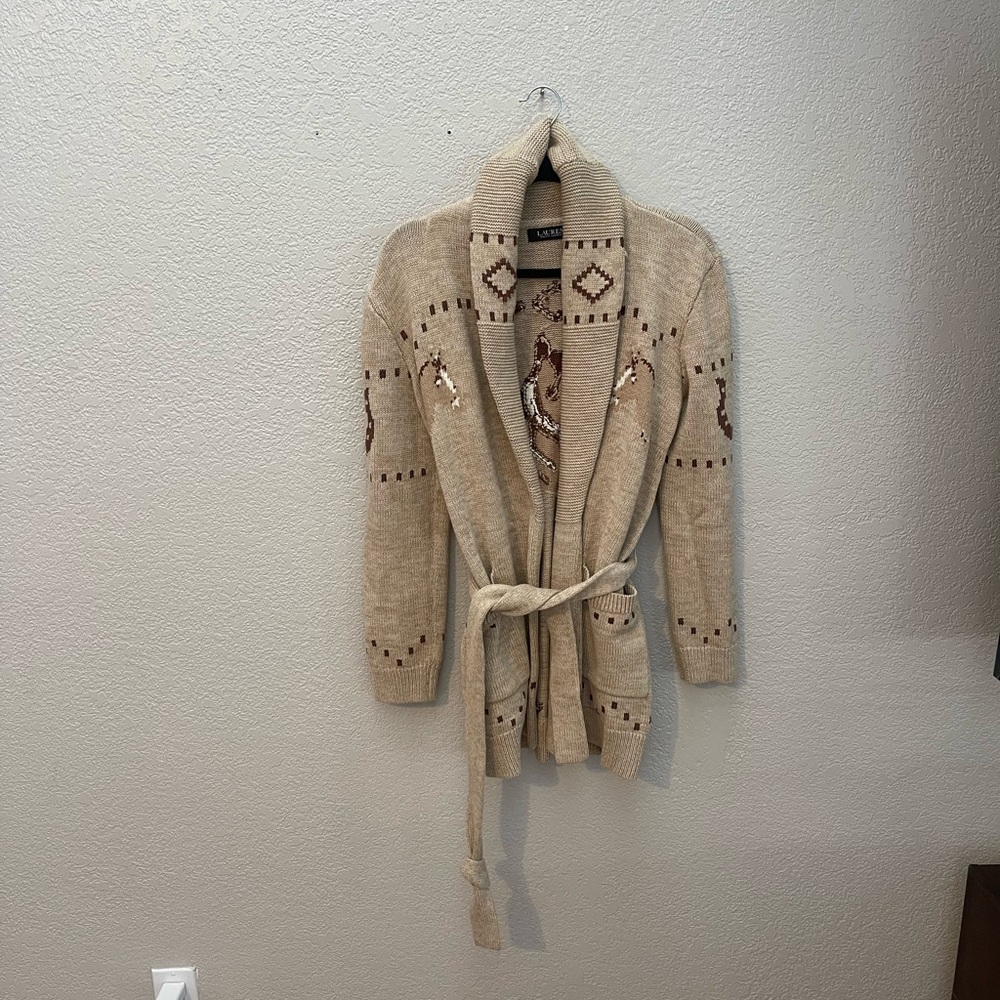 Ralph Lauren oatmeal horse cardigan mid length sweater
